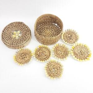 Cowrie Wicker Coasters with Storage Box Woven Grass Sea Shells 6 Tropical Decor